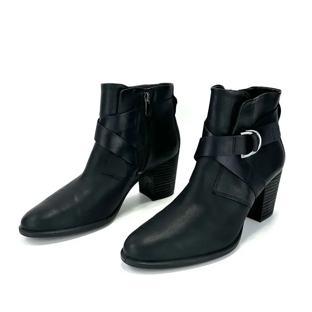 Ecco Black Ankle Boots Sz 10 Leather Padded Footbed Cuban Heel Almond Toe Bootie